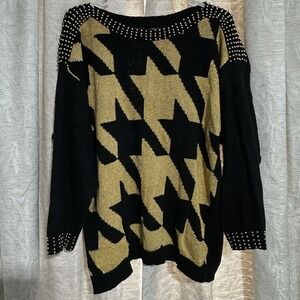 Vtg Pronto Moda‎ Large Black Metallic Star Metal Beaded Studs Oversized Sweater